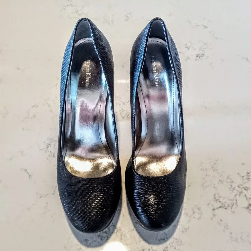Calvin Klein Black Snakeskin Platform Pumps NWOT